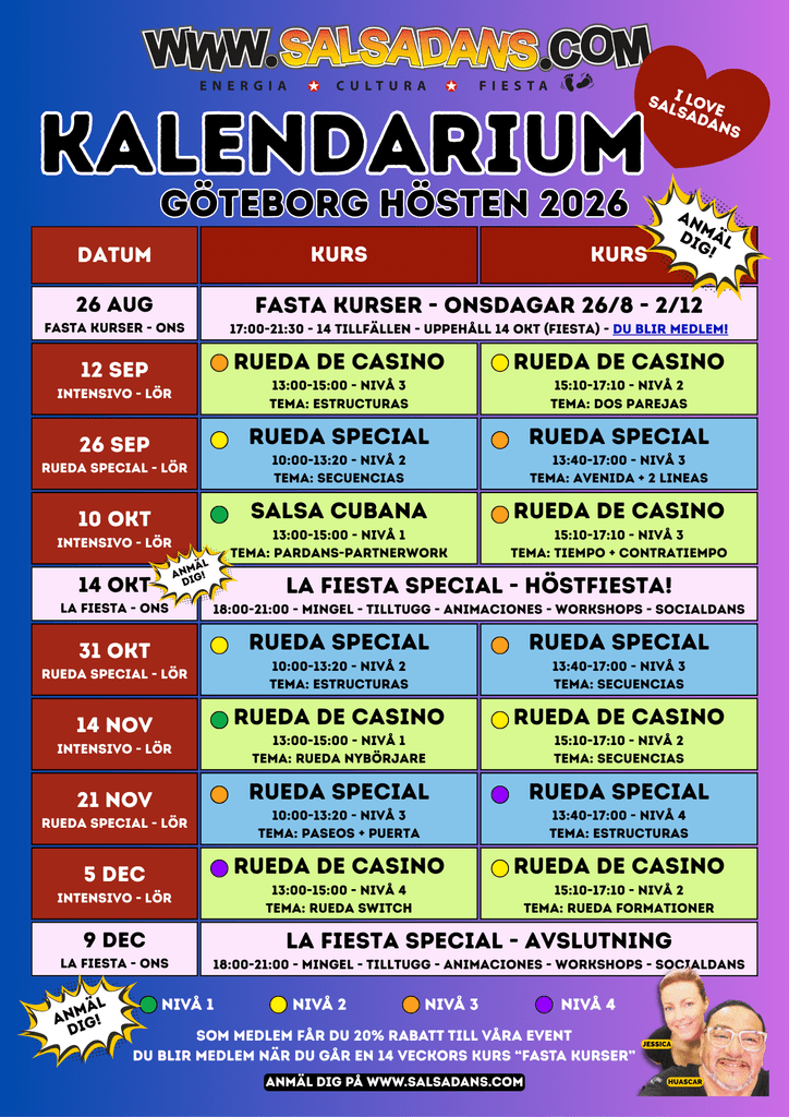 En färgglad kalender för Salsadans Göteborgs höst 2026, med en översikt över kurser i salsa och rueda sorterade efter datum, tid och nivå. Innehåller ikoner, kursbeskrivningar och kontaktuppgifter. Bakgrunden har accenter i gult, lila och blått.